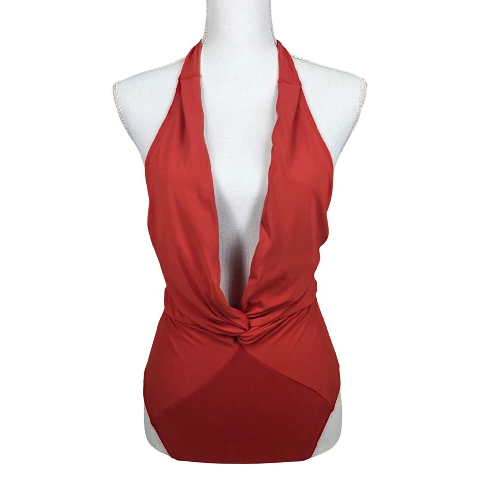 ROBIN PICCONE “AUBREY” TWIST FRONT HALTER ONE‑PIECE – TERRA COTTA – SIZE 6